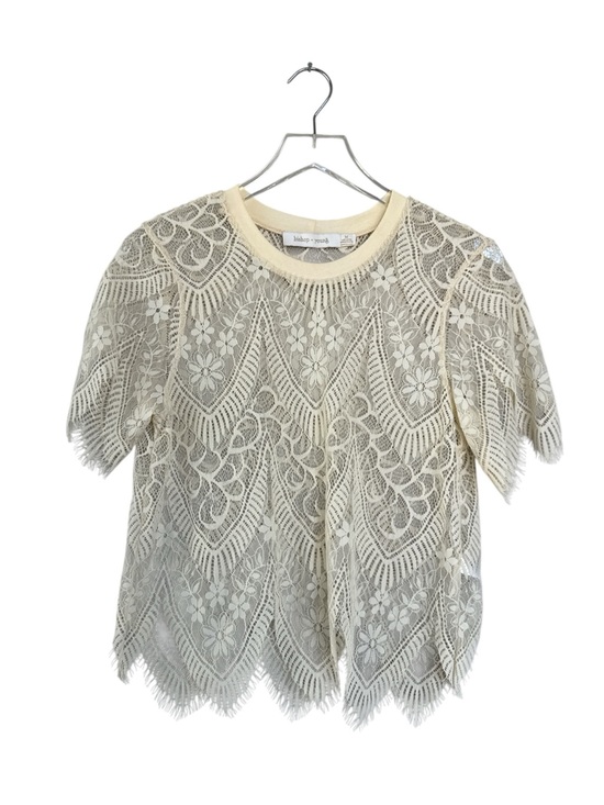 bishop + young Tops - Bishop + Young Sheer Lace Blouse | Ivory Floral Lace | Scalloped Hem | Size Med